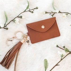 Light Brown Faux Leather Bee Card Holder Keychain